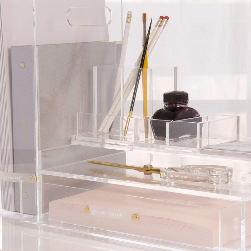 [Australia] - russell+hazel Acrylic Pencil Bloc Two Compartment Pen Cup with Business Card Holder, Clear, 4” x 4” x 4” Dual Pen and Card Holder 