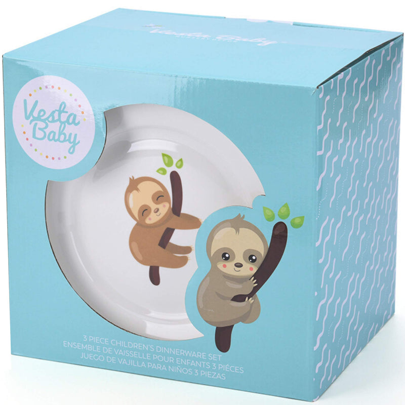 [Australia] - 3 Piece Childrens Dinnerware Set - Durable Vegan New Bone China Kids First Ceramic Tableware - Sloth Plate, Mug and Bowl Gift for Boys, Girls, Keepsake 