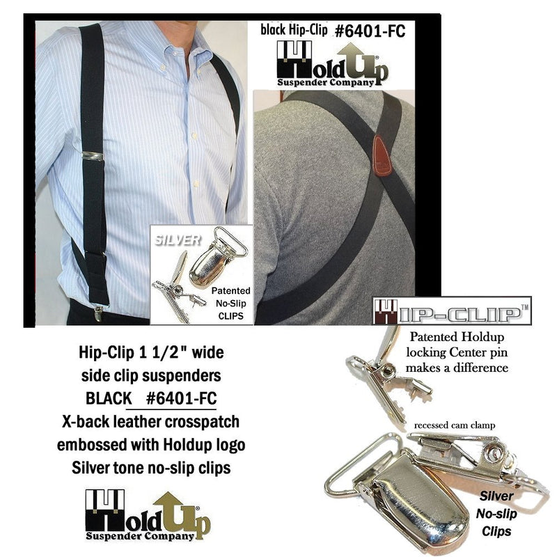 [Australia] - Holdup Black Trucker Style Hip-clip X-back Suspenders with patented no-slip silver-tone clips 