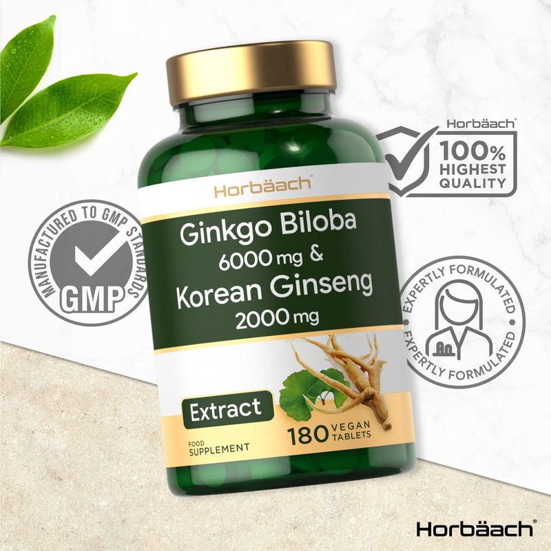 [Australia] - Ginkgo Biloba 6000mg & Korean Panax Ginseng 2000mg | 180 Vegan Tablets | High Strength Supplement | No Artificial Preservatives 