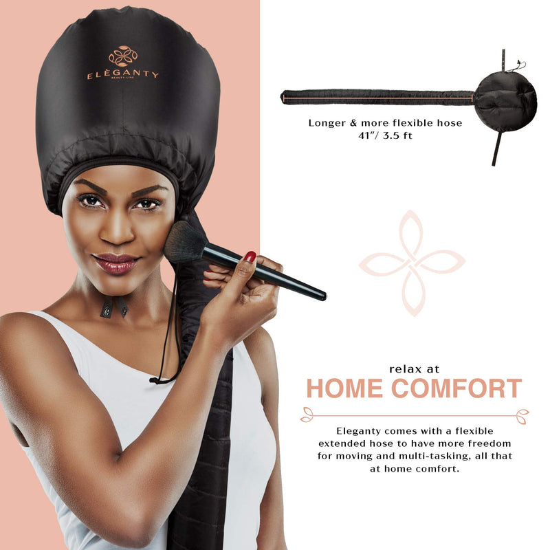 [Australia] - Eleganty Soft Bonnet Hood Hairdryer Attachment with Headband that Reduces Heat Around Ears and Neck to Enjoy Long Sessions - Used for Hair Styling, Deep Conditioning and Hair Drying (Black) Black 