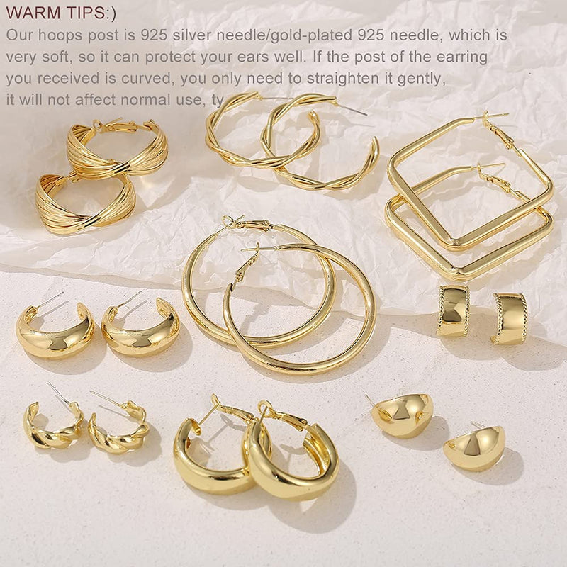 [Australia] - Chunky Gold Hoop Earrings Set for Women, 9 Pair 14K Gold Plated Thick Open Small/Big Hoops Jewelry Gift A-Gold 