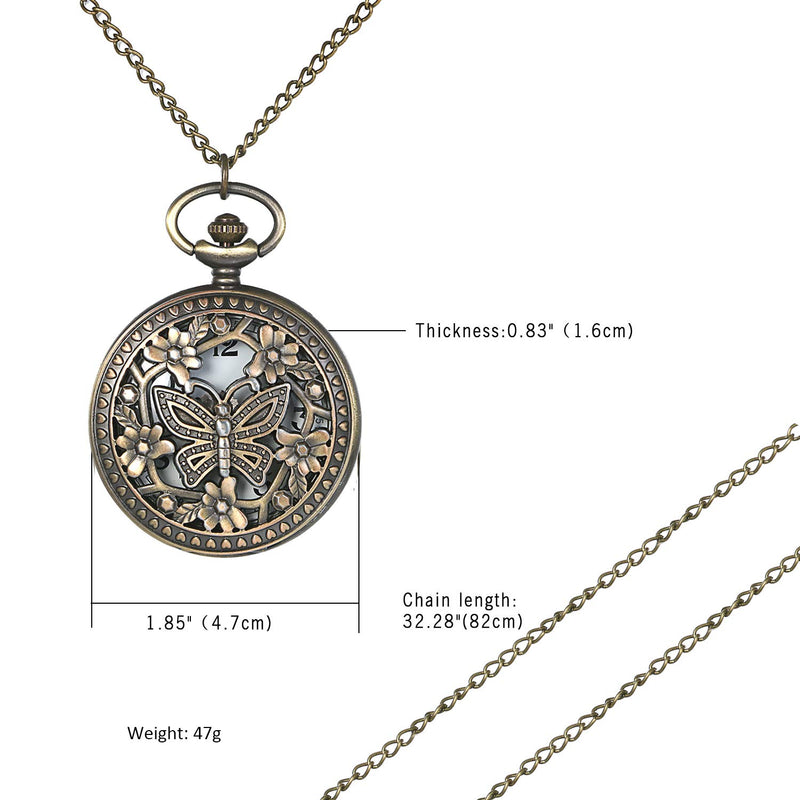 [Australia] - JewelryWe Retro Design Bronze Butterfly Flower Openwork Cover Pocket Quartz Watch with 31.5 Inch Chain for Mothers Day butterfly-big 