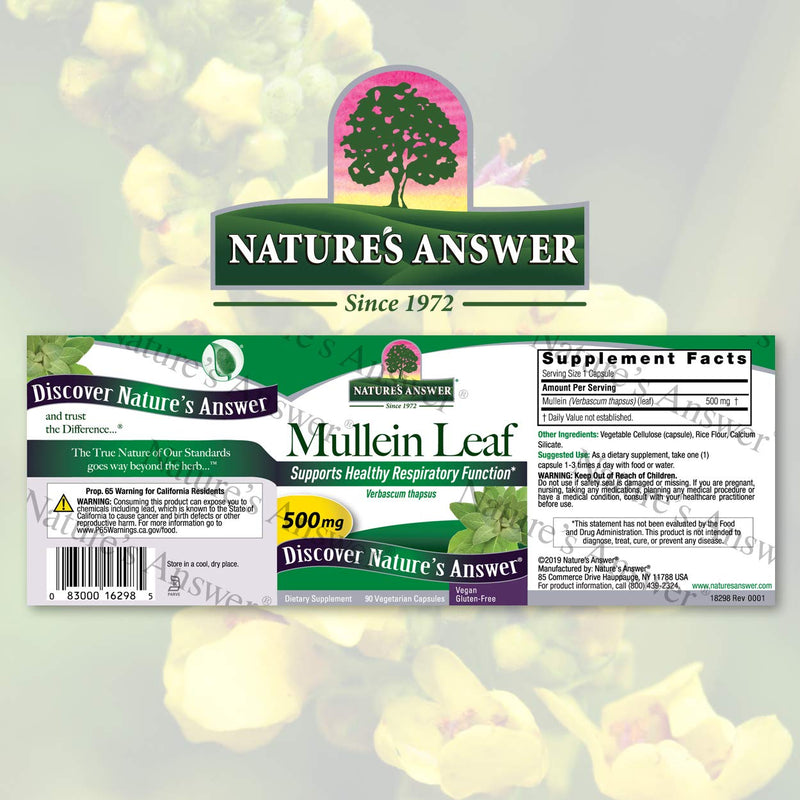 [Australia] - Nature's Answer Mullein Leaf Verbascum Thapsus 500mg | Herb Ideal for Immune and Inflammation | Full Spectrum Herb | Supports Healthy Respiratory Function | Gluten-Free, Vegetarian/Vegan 90 Capsules 