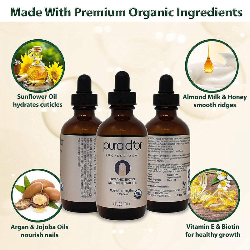 [Australia] - PURA D'OR Organic Nail and Cuticle Oil (4oz) Nourishing Treatment with Dropper - Natural Blend Enriched with Biotin, Vitamin E, Milk for Nail Growth, Healthy Nail Beds and Great for Acrylic Nails 