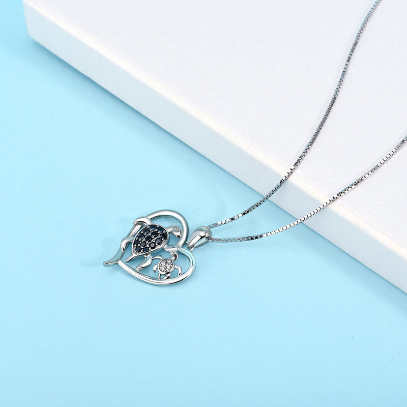 [Australia] - POPLYKE Turtle Necklace Sterling Silver Mother and Daughter Son Sea Turtle Heart Pendant Necklace for Women Girls Child for Grandmother Mom Mother Daughter Turtle Necklace 