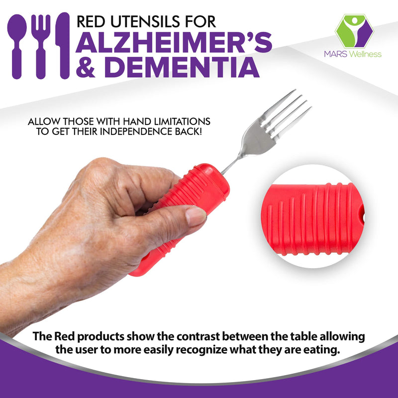 [Australia] - 3 Piece Super Easy Grip Red Flatware Set - Bendable Built Up Large Fork, Knife, and Spoon 