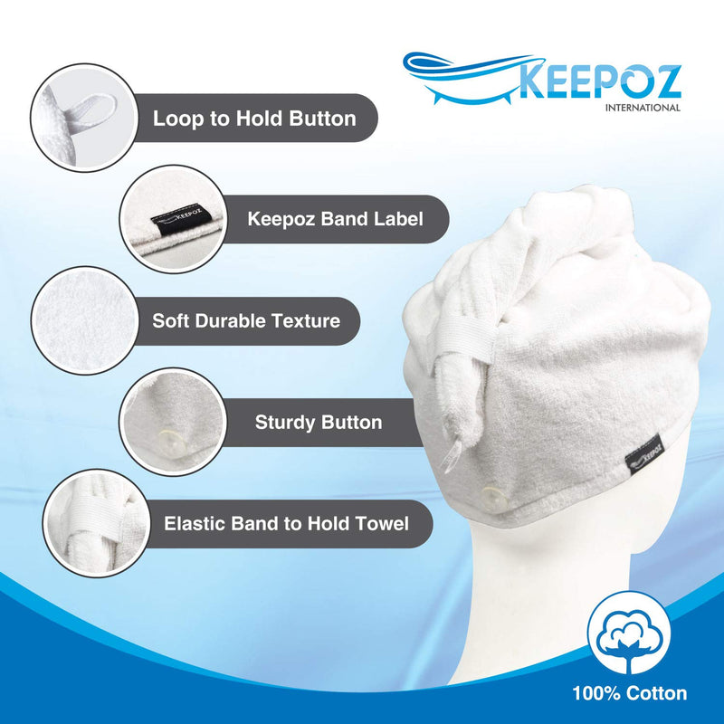 [Australia] - KEEPOZ Hair Towel Wrap Quick Dry 100% Cotton Super Absorbent Turban Head Wrap for Women with Button, Anti Frizz Hair Products, Hair Cap for Curly, Long & Thick Hair (1Pc)(White) White 