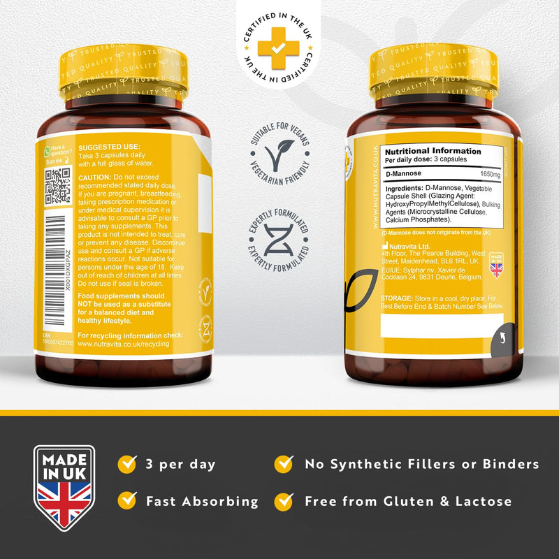 [Australia] - D-Mannose 1650mg High Strength Capsules – 180 Vegan Friendly Capsules (Not Tablets) – 100% Natural Premium D Mannose Supplement – Made in The UK by Nutravita 