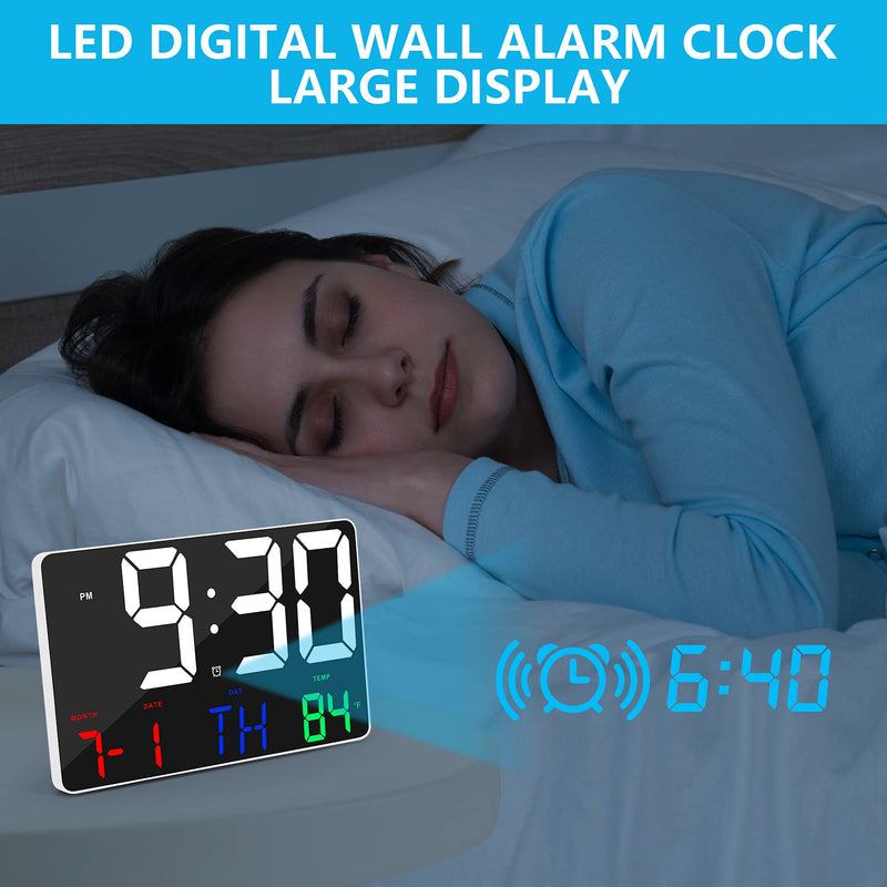 [Australia] - Digital Clock Large Display, Amgico 11.4" Large LED Digital Wall Clock with Temperature,Adjustable Brightness Digital Alarm Clock with Day and Date,Snooze,12/24H, for Bedroom,Office,Elderly White-multicolor 