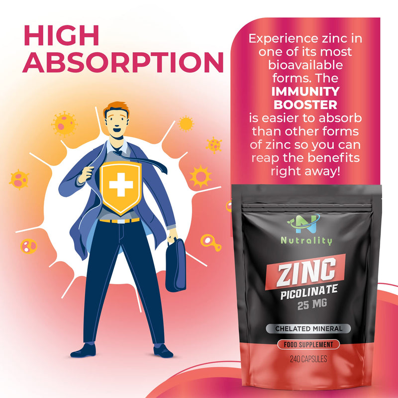 [Australia] - Nutrality Zinc Picolinate 25 mg - High Absorption Immune System Booster, Allergen-Free Zinc Supplement � 240 Day Supply Capsules - Vegan & Vegetarian Friendly 