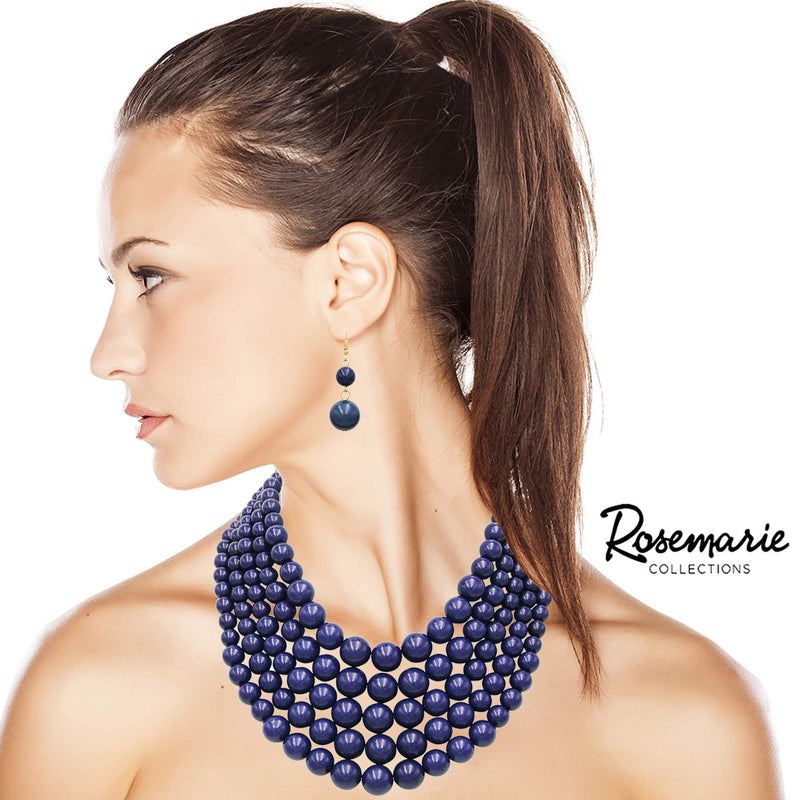 [Australia] - Rosemarie & Jubalee Women's Multi Strand Simulated Pearl Bib Necklace and Earrings Jewelry Set, 16"-19" with 3" Extender Navy Blue 