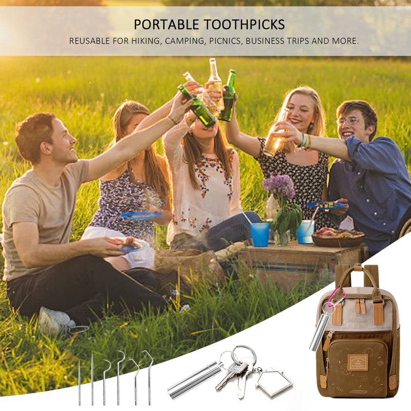 [Australia] - SIKAMARU 14 Pcs Stainless Steel Toothpick Cartridge with 2 Piece Carabiner, Portable Toothpicks, Reusable, Teeth Cleaner, Dental Floss, Dental Care Kit, Suitable for Outdoor Picnic, Camping, 60 grams 