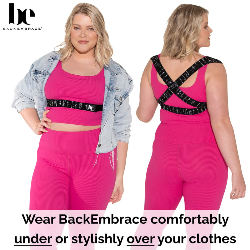 [Australia] - BackEmbrace Posture Corrector for Women & Men - Made in USA - Slim & Adjustable Shoulder Brace - Back Brace for Back Pain Relief - Black Drizzle XS/S Black and White 