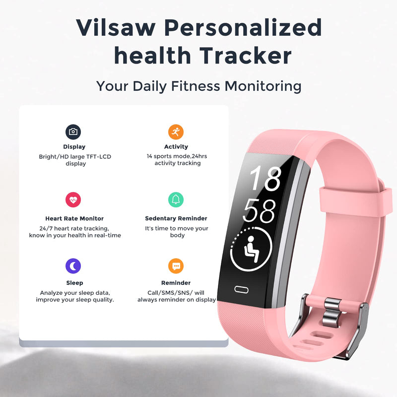[Australia] - Vilsaw Fitness Tracker, Activity and Heart Rate Tracker with Sleep/Step/Calories Monitor, Waterproof Exercise Pedometer & Fitness Watch for Women Men Pink 