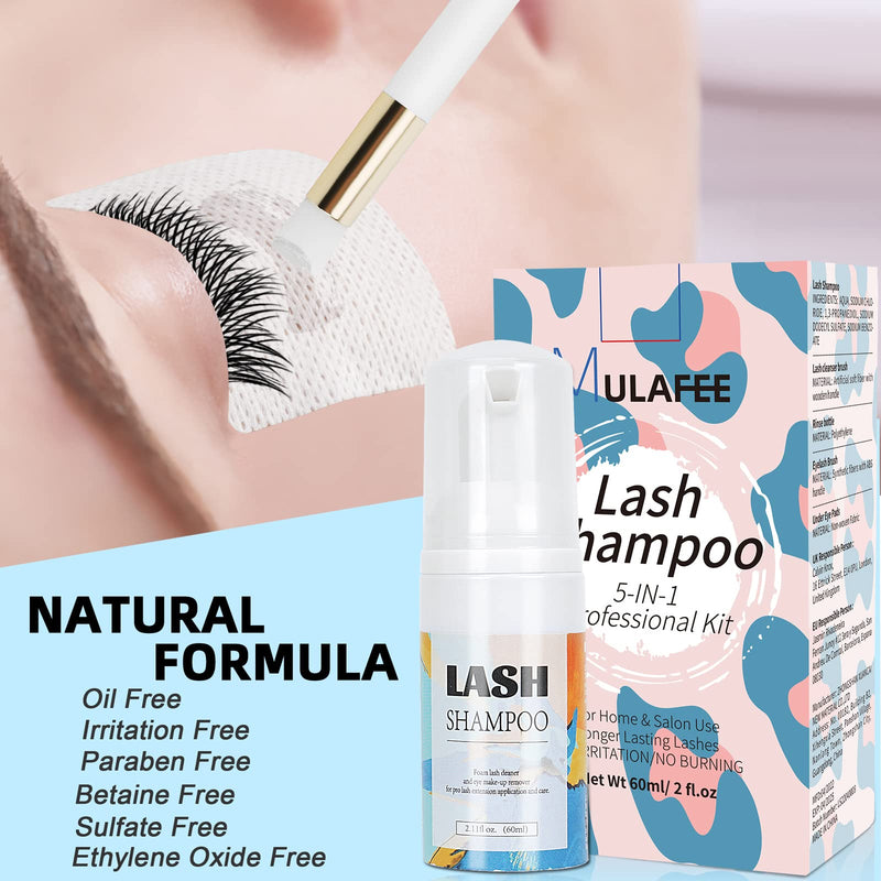 [Australia] - MULAFEE Eyelash Extension Cleanser, Lash Extension Shampoo Kit, Oils, Paraben & Sulfate Free Foaming 60 ML Eyelash Shampoo with Rinse Bottle and Soft Brush Safe for Salon Use and Home Care 