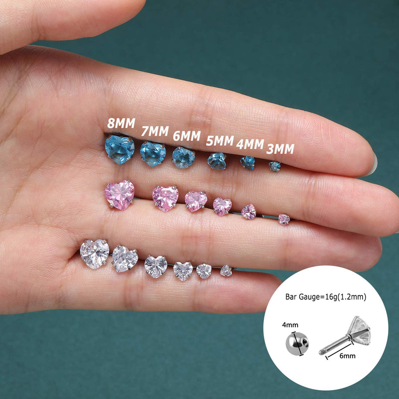 [Australia] - ZS 4 Pairs Shiny Cubic Zirconia Surgical Steel Stud Earrings Tragus Helix Conch Piercing Cartilage Sets Heart,Stone:3mm 