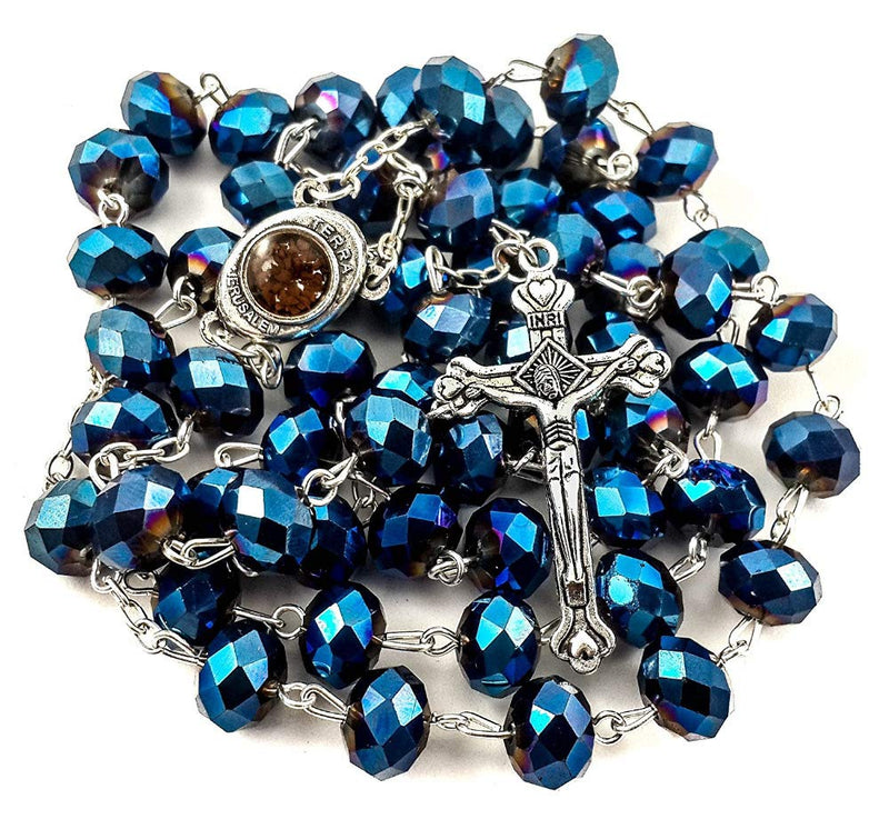 [Australia] - Woody Mood Store Deep Blue Crystal Beads Rosary Catholic Necklace Medal Cross Crucifix Holy Soil with Velvet Bag 