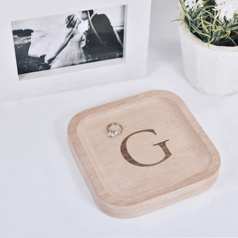 [Australia] - Solid Wood Personalized Initial Letter Jewelry Display Tray Decorative Trinket Dish Gifts For Rings Earrings Necklaces Bracelet Watch Holder (6"x6" Sq Natural "G") ุ6"x6" Sq Natural "G" 