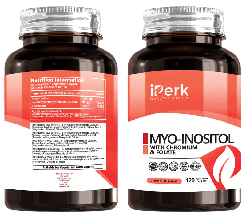 [Australia] - Iperk Myo Inositol Chromium and Folate 1000mg Inositol Per Serving 120 Vegan Capsules Vitamin for Women Manufactured in The UK CERTIFICATED GMP 