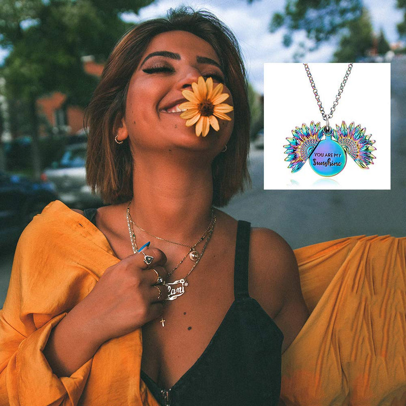 [Australia] - Sunflower Necklace for Women Girls You are My Sunshine Necklace Sunflower Locket Jewelry Pendant Chain Gifts Colorful 