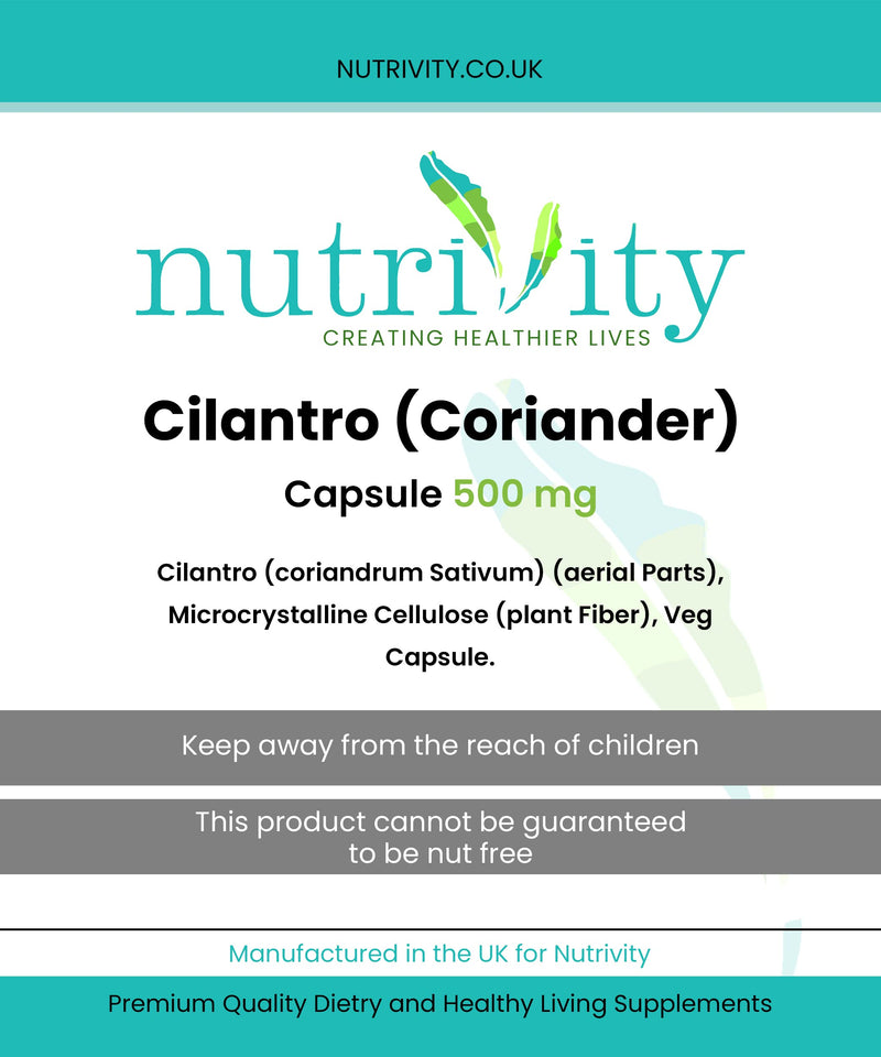 [Australia] - Heavy Metal Detox Supports and Aids Digestive Health Cilantro Coriander 500mg Vegan Capsule Antioxidant Healthy Skin Immune Health Manufactured in The UK by Nutrivity 30 Caps 