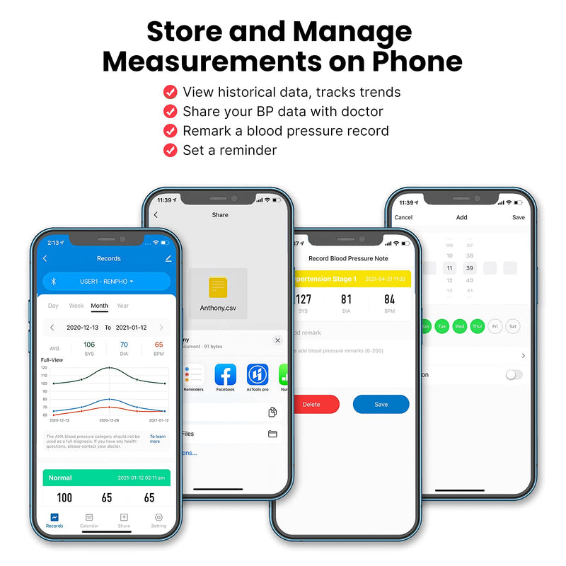 [Australia] - Bluetooth Blood Pressure Monitor, RENPHO Wireless Upper Arm BP Machine for Home Use Large Cuff, Accurate Digital Smart BP Cuffs with Large Display, 2-Users, App for iOS Android, Unlimited Memories Large (Pack of 1) 
