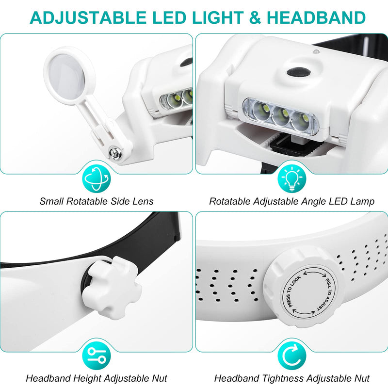 [Australia] - Headband Magnifier Glasses, Linkhood 1X to 14X Rechargeable Head Magnifier with LED Light, Handsfree Head Mount Magnifying Glass with 6 Detachable Lens for Close Work Reading Jewelry Crafts Repair 