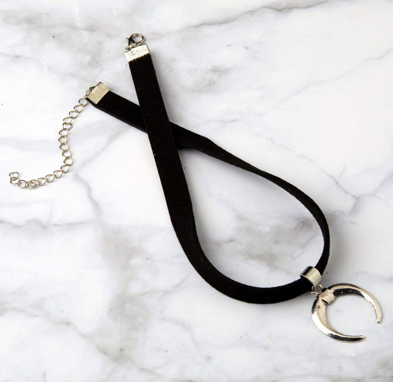 [Australia] - STACKABLE CREATIONS Crescent Moon Choker Necklace with Black Suede Velvet Leather Ribbon Band | Upside Down Half Moon Horn Silver Charm Metal Pendant 