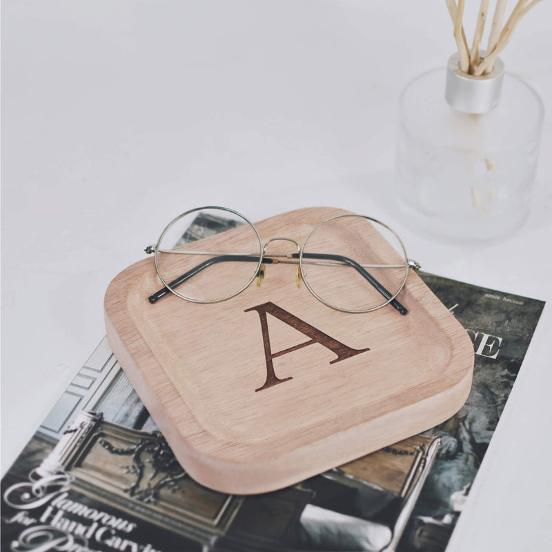 [Australia] - Solid Wood Personalized Initial Letter Jewelry Display Tray Decorative Trinket Dish Gifts For Rings Earrings Necklaces Bracelet Watch Holder (6"x6" Sq Natural "A") ุ6"x6" Sq Natural "A" 