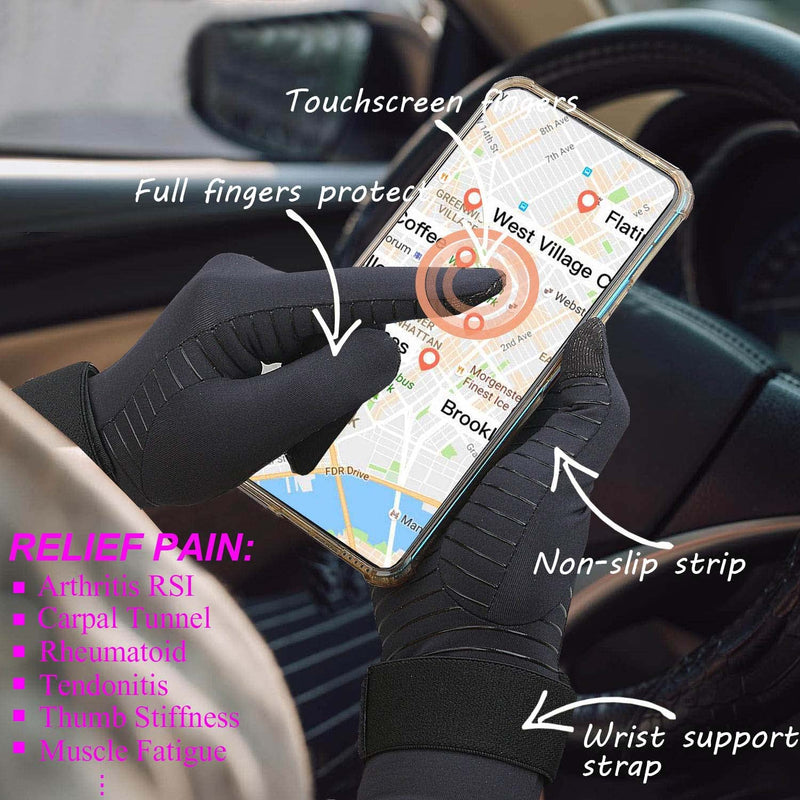[Australia] - 2 Pairs Full Finger Arthritis Gloves for Women and Men, Copper Compression Gloves for Wrist Support with Adjustable Strap Small-Medium 