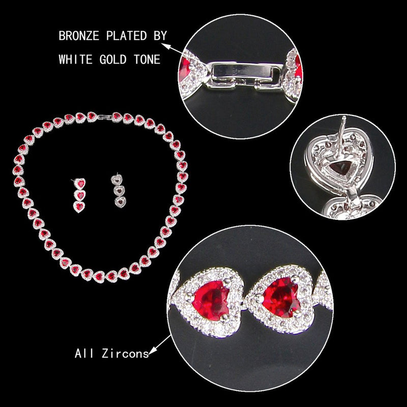 [Australia] - EVER FAITH Silver-Tone CZ Birthstone Sweet Love Heart Tennis Necklace Earrings Set Red 