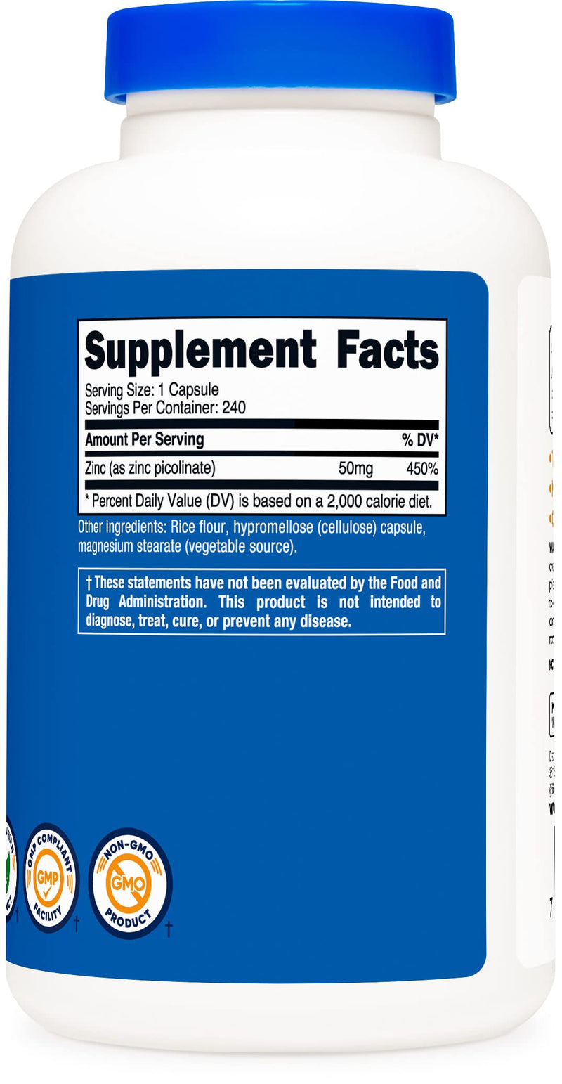 [Australia] - Nutricost Zinc Picolinate 50mg, 240 Vegetarian Capsules - Gluten Free and Non-GMO (240 Caps) 240 Count (Pack of 1) 