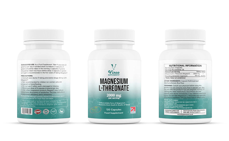 [Australia] - Vinco Magnesium L-Threonate Supplement - 120 High Strength Magnesium L Threonate Capsules - 2000mg Bioavailable Form of Magnesium per Serving - Non-GMO & Gluten Free � Made in The UK 