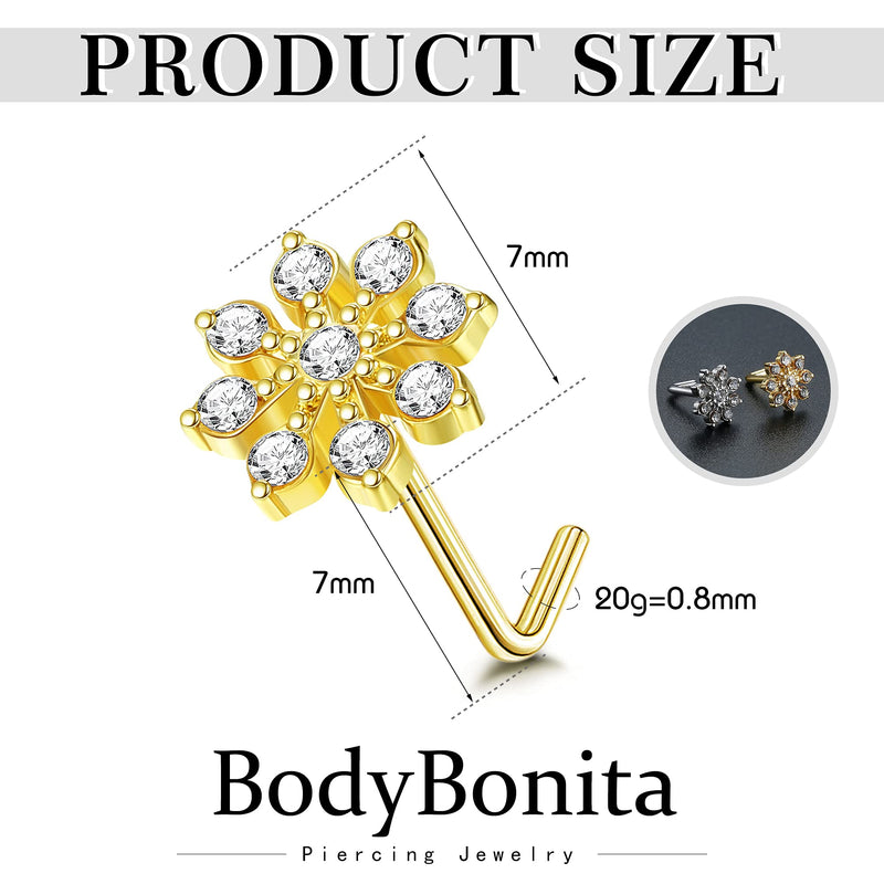 [Australia] - BodyBonita 20G Nose Rings Studs with Big Bling CZ Snowflake Star Top Surgical Steel L-Shaped Nose Studs Triple Linear Gem Ball Round Diamond CZ Nose Piercing Jewelry 7mm style1-2PCS 