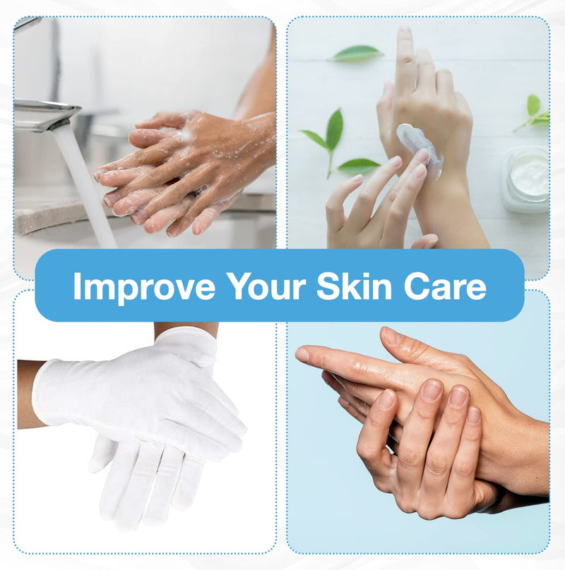 [Australia] - Home Solutions™ White Cotton Gloves for Eczema | 8 Pairs | Free Wash Bag | Hand Moisturising Gloves, White Cotton Gloves for Dry Hands, Eczema Gloves, White Gloves, Exfloitants Gloves 
