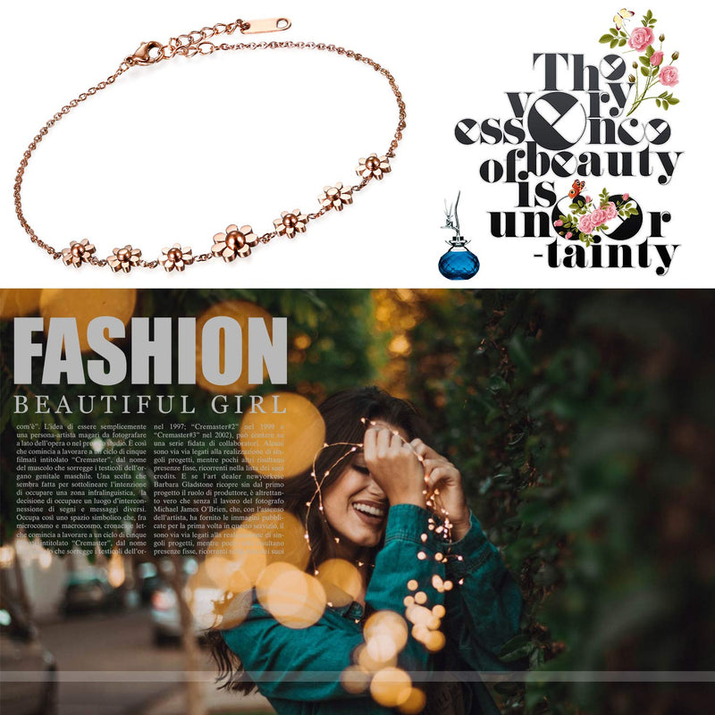 [Australia] - Cupimatch Woman Daisy Flowers Link Bracelet, Stainless Steel Anklet Adjustable Chain 8.7 inch Rosegold 