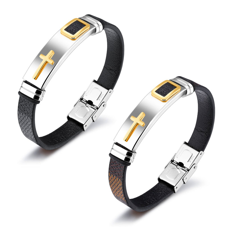 [Australia] - Starlight Cross Religious Bracelets for Men，Stainless Steel and Silicone Leather Men's Cuff Bangle for Teen Boys and Man Black 185.0 Millimeters 