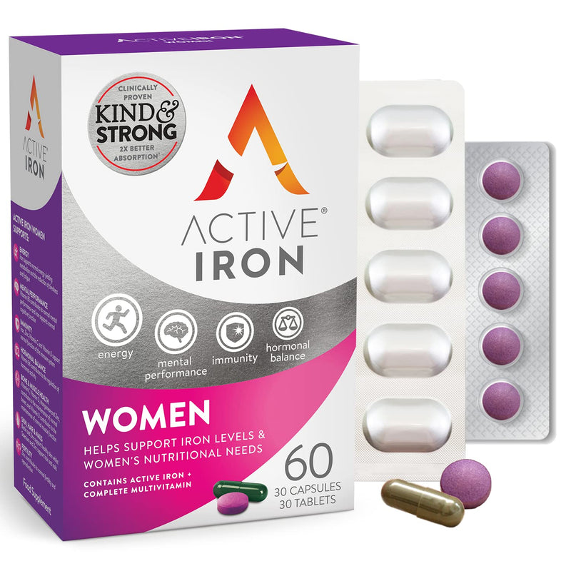 [Australia] - Active Iron Women with Active Multivitamin | 30 Iron Capsules & 30 Active Multivitamins | Iron Supplement | High Strength B Vitamins | Non-Constipating | 1-Month Supply 