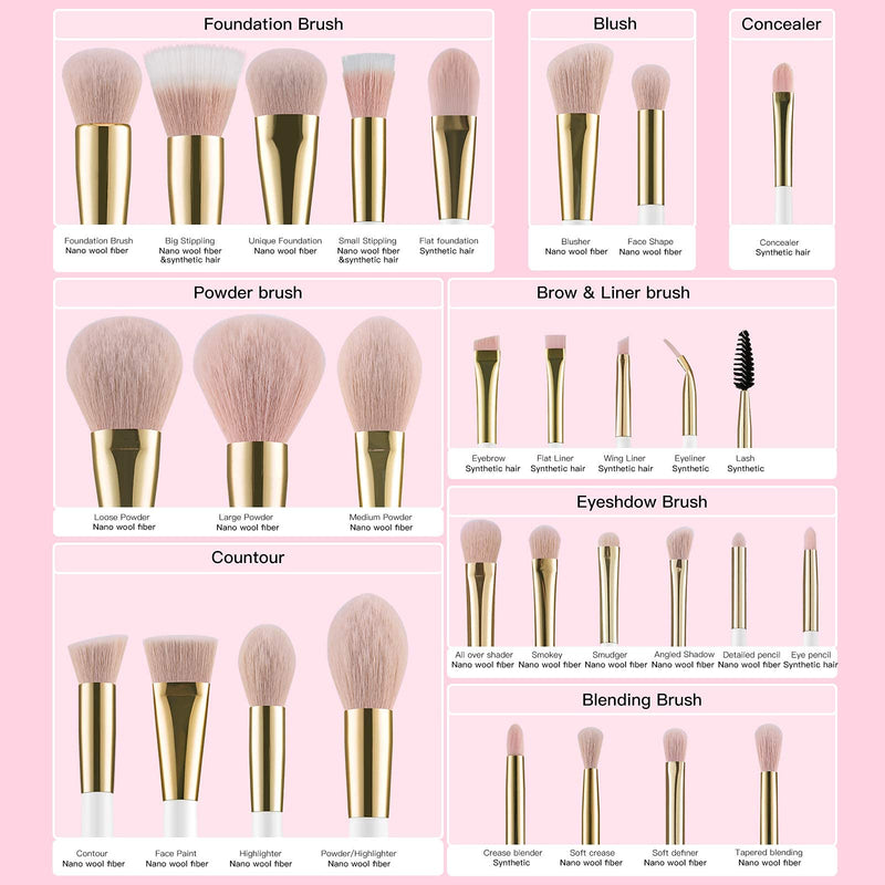 [Australia] - BEILI Makeup Brushes 30pcs Professional Makeup Brush Set Premium Pink Vegan Synthetic Kabuki Foundation Face Powder Liquid Cream Blush Concealer Highlighters Eye Shadow Blending Eyebrow Eyeliner Make Up Brush Tools Kit(White/Rose Gold,Box Packing) White 