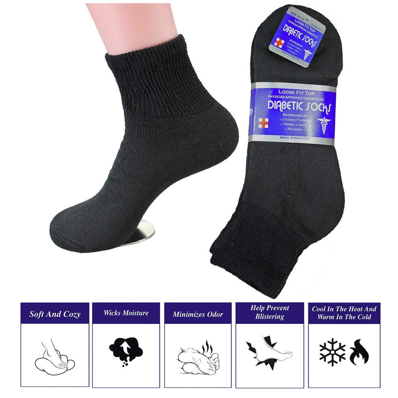 [Australia] - Diabetic Ankle Socks, Non-Binding Circulatory Doctor Approved Cushion Cotton Quarter Socks for Men’s Women’s 3,6,12 Pack Black 9-11 