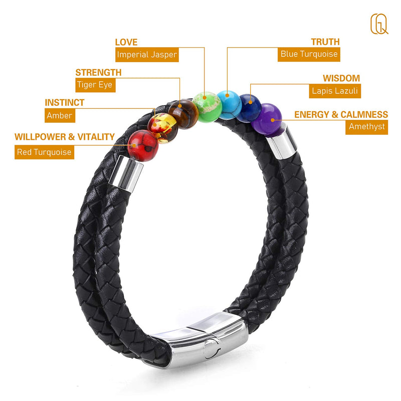 [Australia] - QGoliver Leather Beads Bracelet Men Women Natural Stone Bead Steel and 7 Chakra Genuine Leather Bracelet with Magnetic Clasp for Men Style 1, 7 Chakra Stone 
