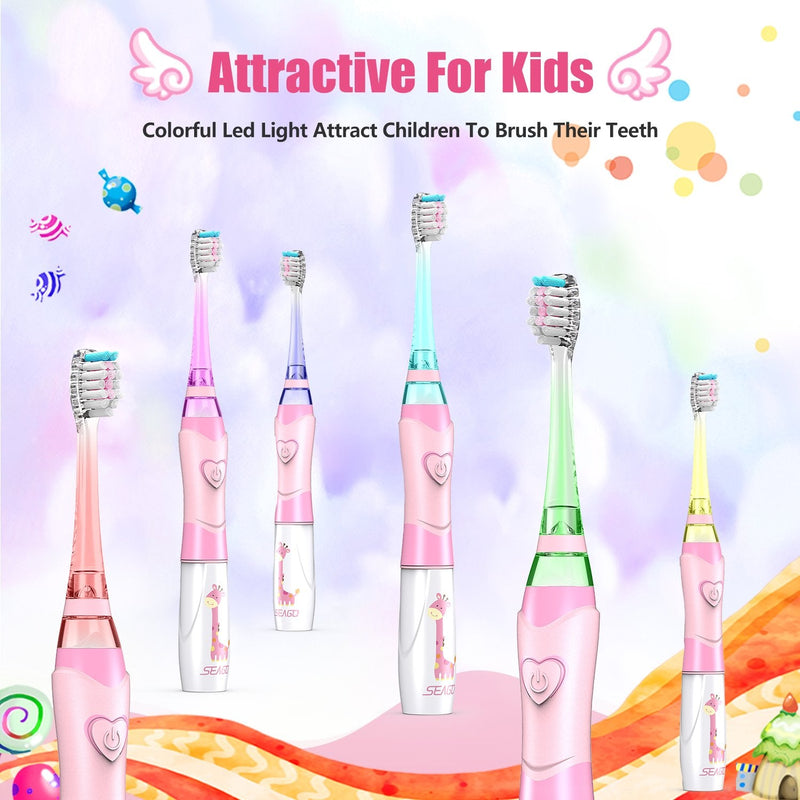[Australia] - Dada-Tech Kids Electric Toothbrush, Sonic Childrens Battery Powered Soft Tooth Brush with Timer for Junior Boys and Girls Ages 3+, Rainbow Flashing LED Light, Waterproof, 3 Brush Heads (Pink) Pink 