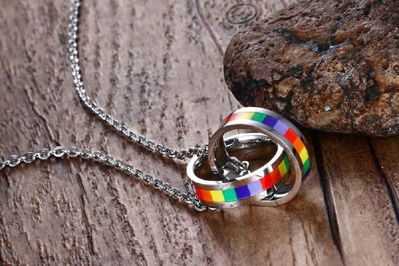 [Australia] - HoBST Gay Pride Rainbow Pendant Necklace LGBT Lesbian Flag with Chain Homosexual Double Rings 