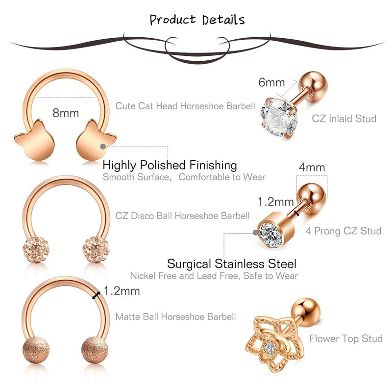 [Australia] - AceFun 16G Tragus Earrings Surgical Steel Cartilage Hoop Rings Conch Helix Tragus Earring Studs Piercing Jewellery Flower Cat CZ Style 