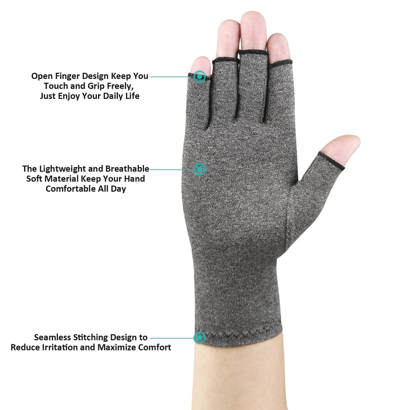 [Australia] - 2 Pairs Arthritis Compression Gloves for Relieve Rheumatoid Arthritis, Osteoarthritis, Carpal Tunnel, Joint Pain, Open Fingerless Gloves, Fit for Women and Men to Daily Work and Computer Typing (Gray, Large) Gray 
