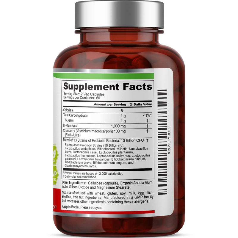 [Australia] - D-Mannose Plus Cranberry and Probiotics 1000 mg 120 Vcaps - Supports Urinary Bladder Tract Health and Digestive Well Being 