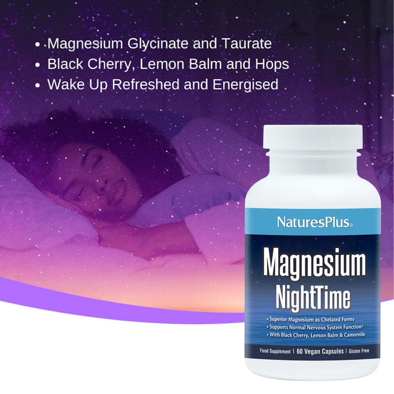 [Australia] - NaturesPlus Magnesium Nighttime - Magnesium Glycinate and Taurate Supplement with L-Theanine, Ashwagandha, Lemon Balm, B6, Hops - Vegan, Gluten Free - 60 Capsules 