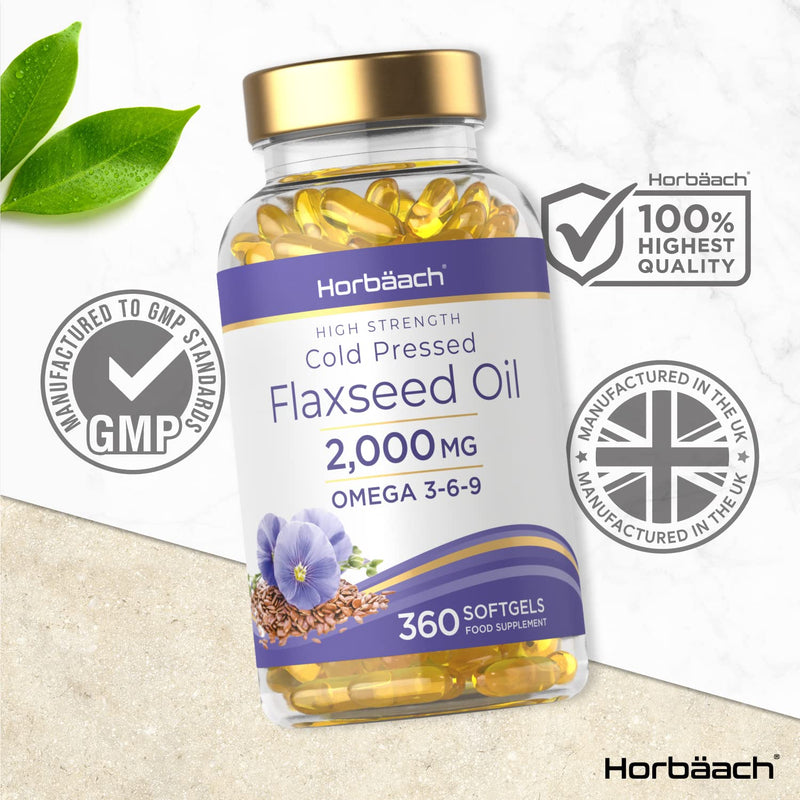 [Australia] - Flaxeed Oil Capsules 2,000mg | 360 Cold Pressed Liquid Softgels Omega 3-6-9 | High Strength ALA | by Horbaach 360 Count (Pack of 1) 