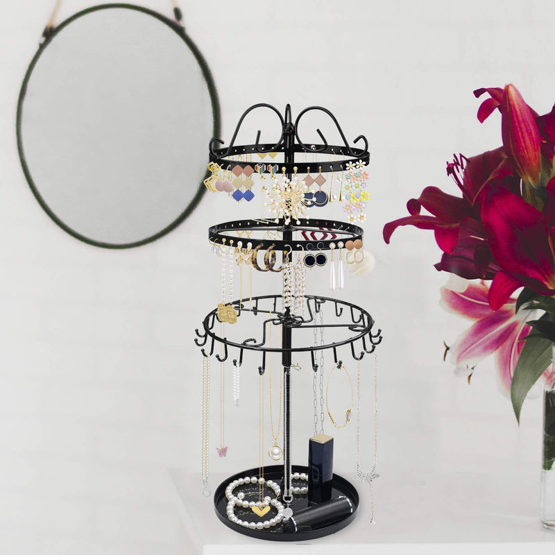 [Australia] - 3 Tiers Rotating Earring Necklace Organizer Holder, TANOKY Exquisite Metal Jewelry Display Tower Stand Necklace Hanger - 23 Hangers for Bracelets, 88 Holes for Earrings, Tray for Rings Black 